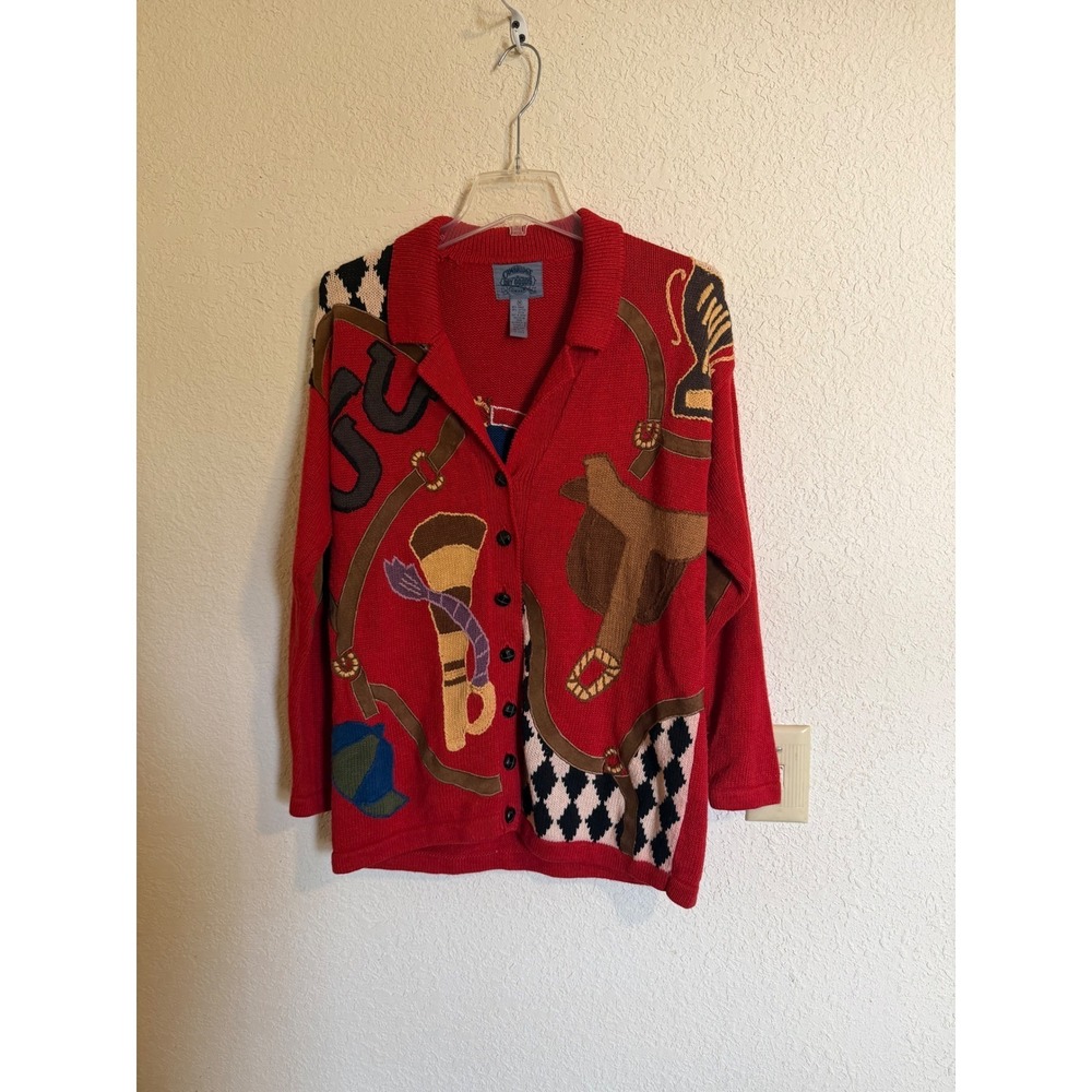 Cambridge Dry Goods Red Equestrian Horse Saddle Argyle Knit Cardigan Sweater M